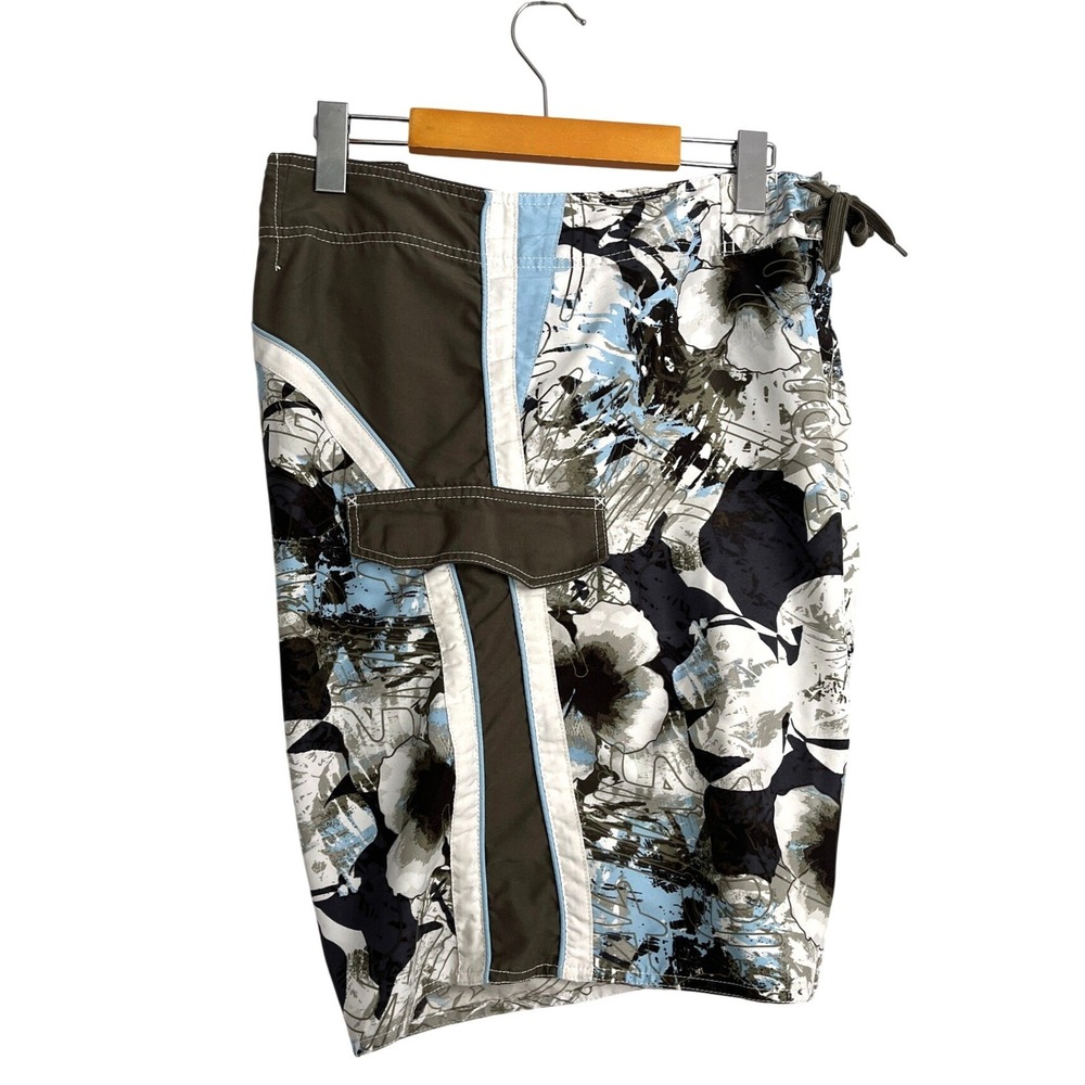 Vintage Y2K Mens Board Surf Shorts Brown‎ Blue Floral Hibiscus Swim Trunks